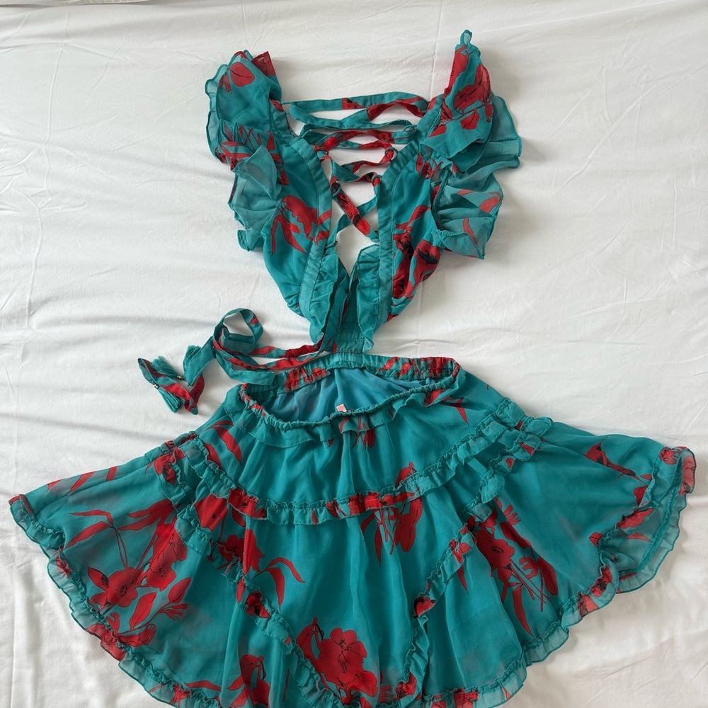 Luxxel Teal and Red Floral Dress S/M